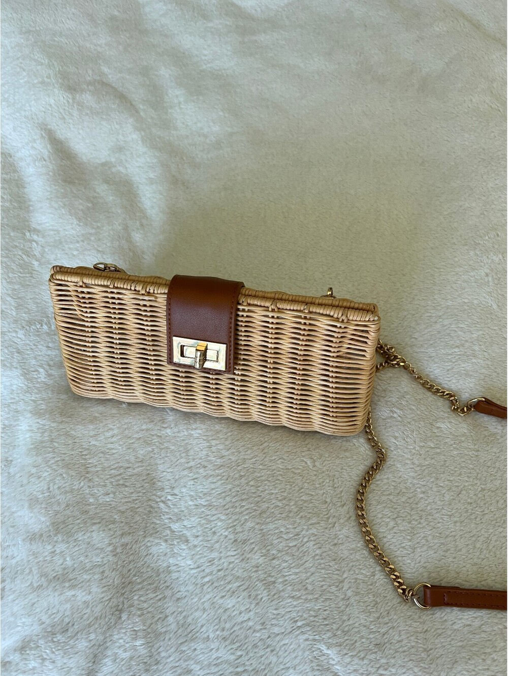 Woven Rattan Crossbody Bag with Brown Leather and Gold Chain Strap